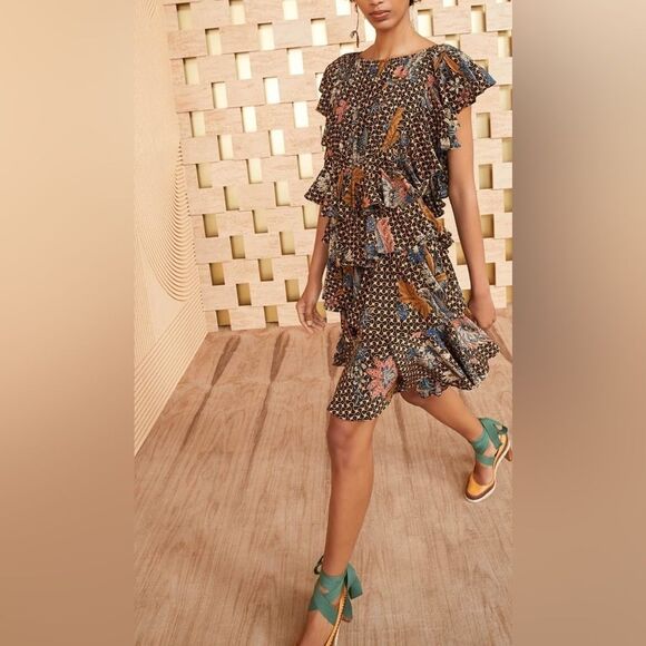 Ulla Johnson Ayla Dress Gerbera Print Ruffle Silk Mini Dress Cap Sleeve size 2 - Picture 1 of 6